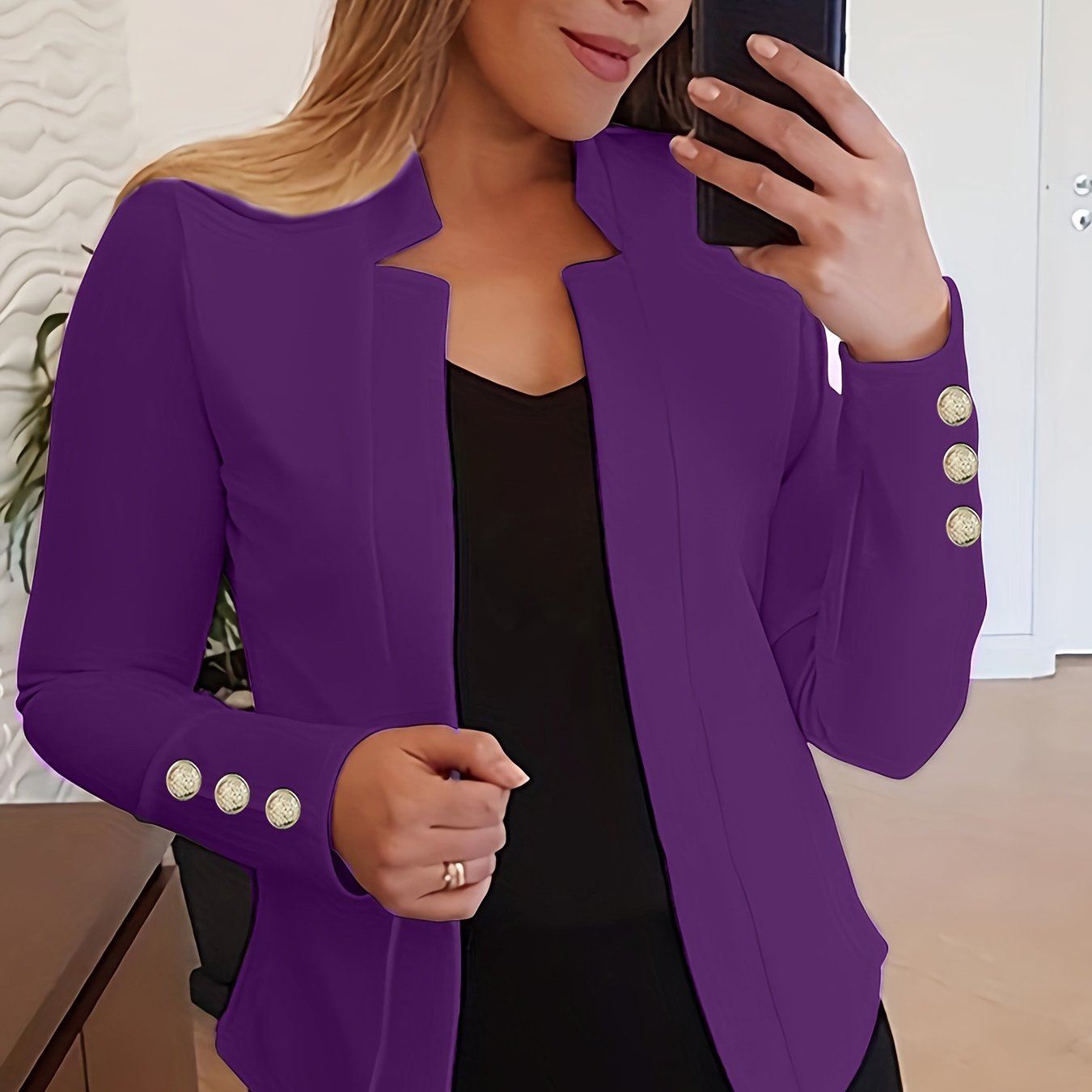 Solid Open Front Blazer, Casual Long Sleeve Button Blazer For Office & Work, Women’s Clothing - Image 12