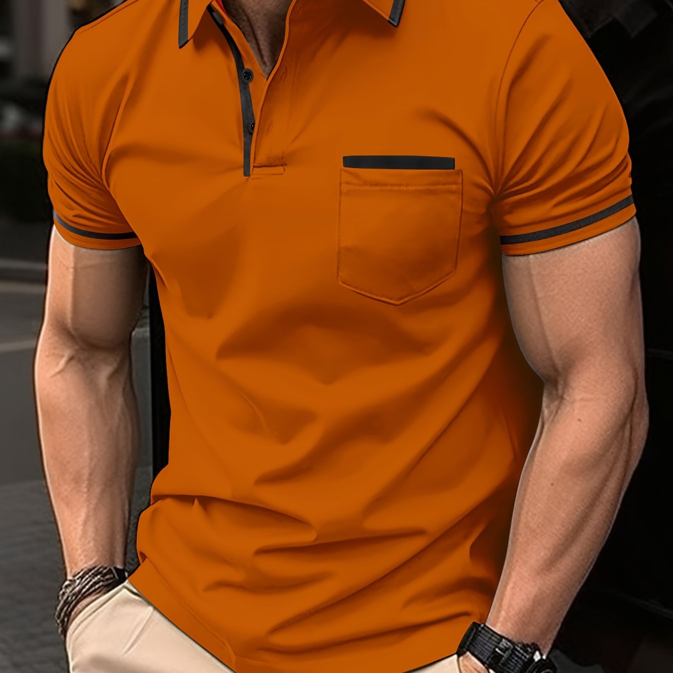 Breathable Regular Fit Men’s Chic Contrast Binding Short Sleeve Golf Shirt With Chest Pocket For Summer, Men’s Clothing - Image 7
