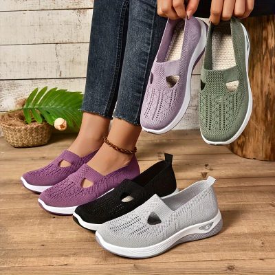 Women’s Solid Color Sneakers, Breathable Knit Slip On Outdoor Shoes, Lightweight Low Top Shoes