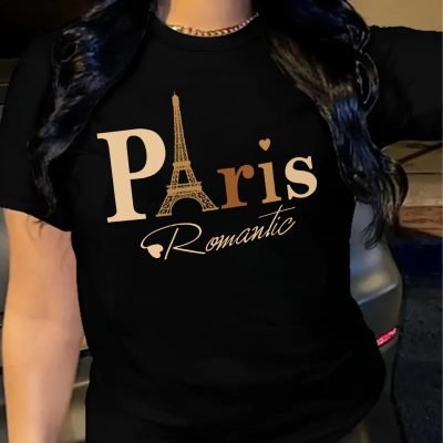Paris Letter Print T-shirt, Short Sleeve Crew Neck Casual Top For Summer & Spring, Women??s Clothing