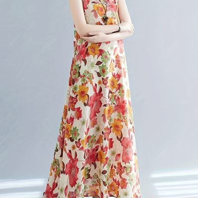 Floral Print Crew Neck Dress, Elegant Sleeveless Dress For Spring & Summer, Women’s Clothing