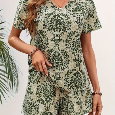 Casual Allover Print Two-piece Set, Short Sleeve V Neck Top & Shorts Outfits, Women’s Clothing