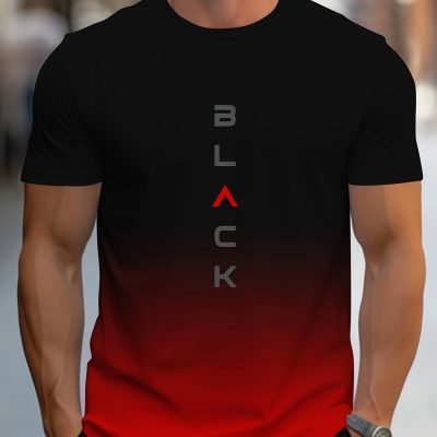 Men’s Gradient Color Black Graphic Print T-shirt, Short Sleeve Crew Neck Tee, Men’s Clothing For Outdoor