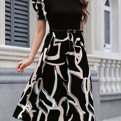 Graphic Print Mock Neck Dres, Elegant Short Sleeve A-line Dress For Spring & Summer, Women’s Clothing