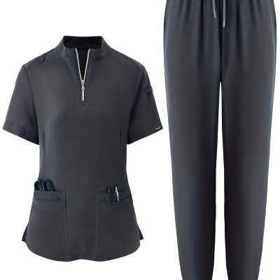 Solid Color Two-piece Scrub Set, Zip Front Short Sleeve Pockets Scrub Top & Drawstring Pants Outfits For Medical & Health Care, Women’s Clothing
