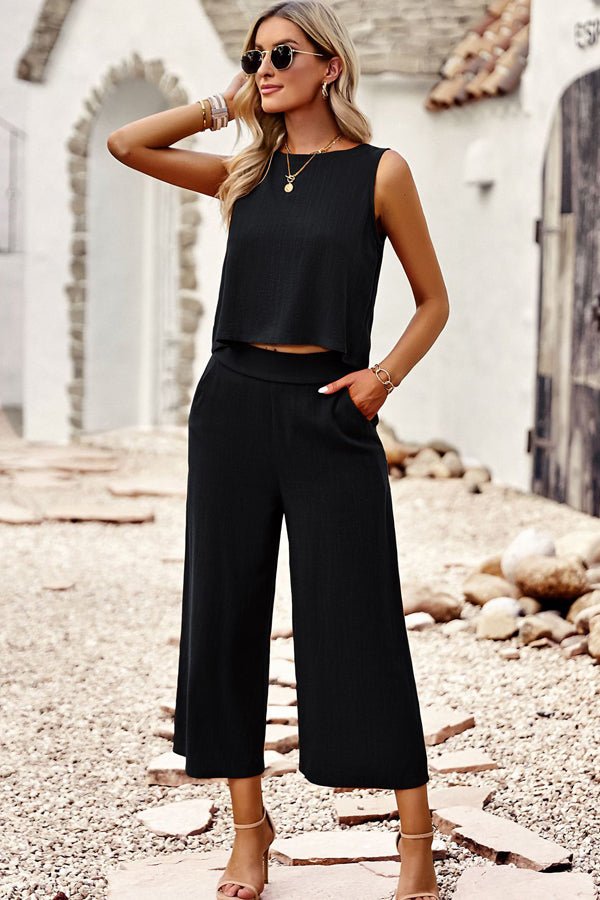 Solid Color Round Neck Two Pieces Set - Image 3