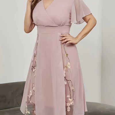 Floral Pattern High Waist Dress, Elegant Surplice Neck Flutter Sleeve Dress, Women’s Clothing For Elegant Dressing