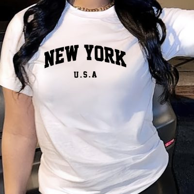 New York Letter Print T-shirt, Short Sleeve Crew Neck Casual Top For Summer & Spring, Women’s Clothing