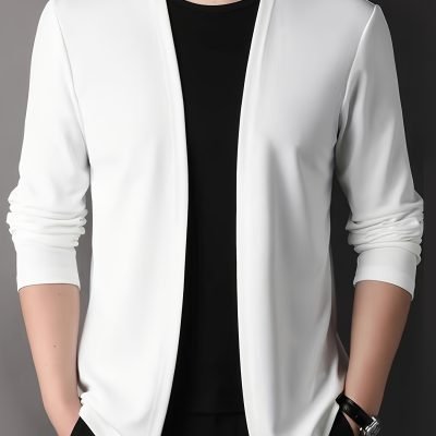 Men??s Solid Knitted Cardigan, Casual Breathable Long Sleeve Slim-fit Open Front Sweater For Outdoor Activities