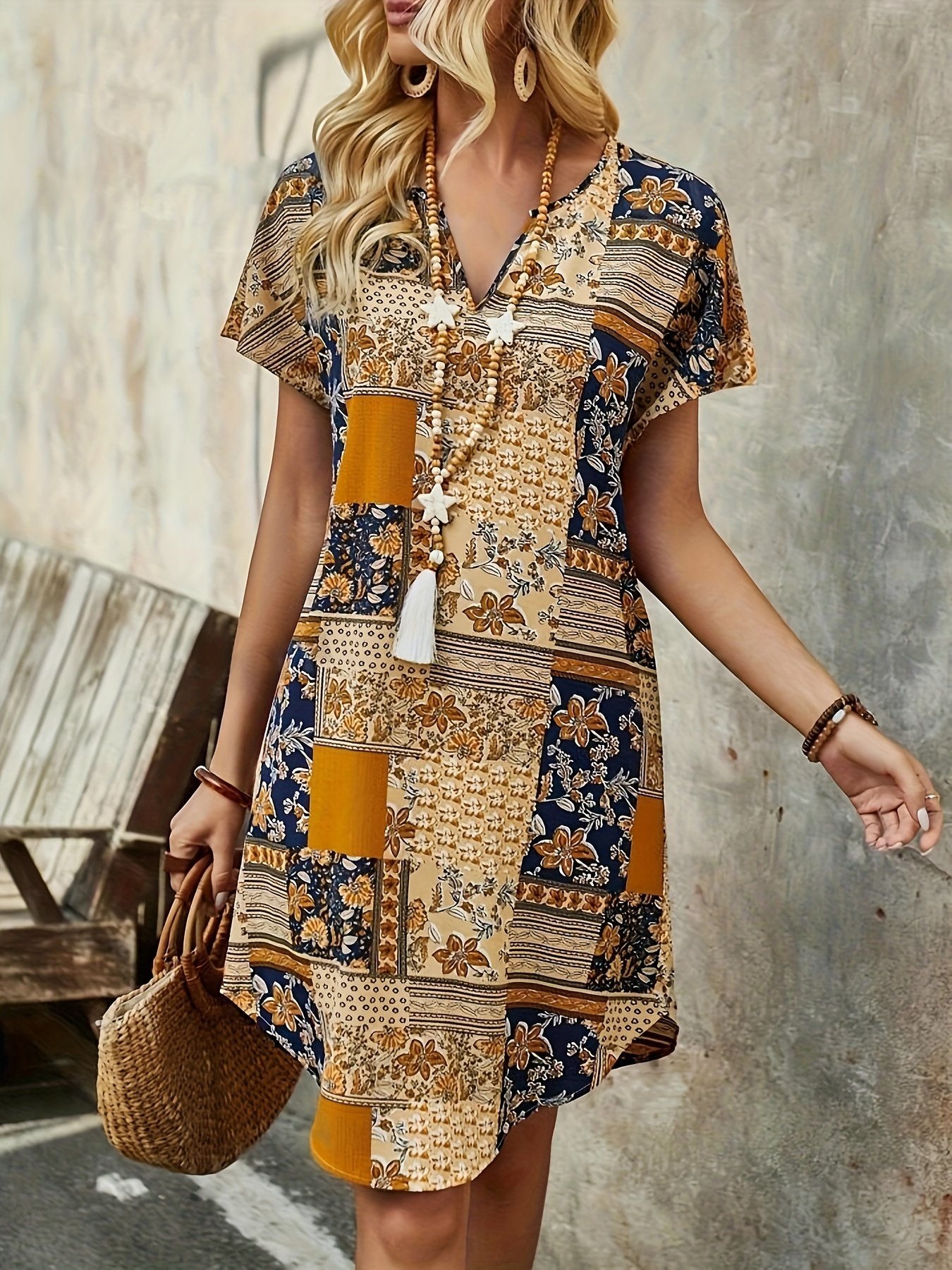 Patchwork Print Curvy Hem Dress, Vacation Short Sleeve Notched Neck Dress, Women??s Clothing - Image 6