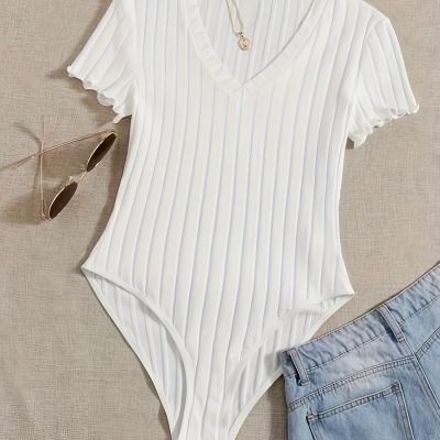 Solid V Neck Rib Knit Bodysuit, Casual Short Sleeve Basic Bodysuit, Women’s Clothing
