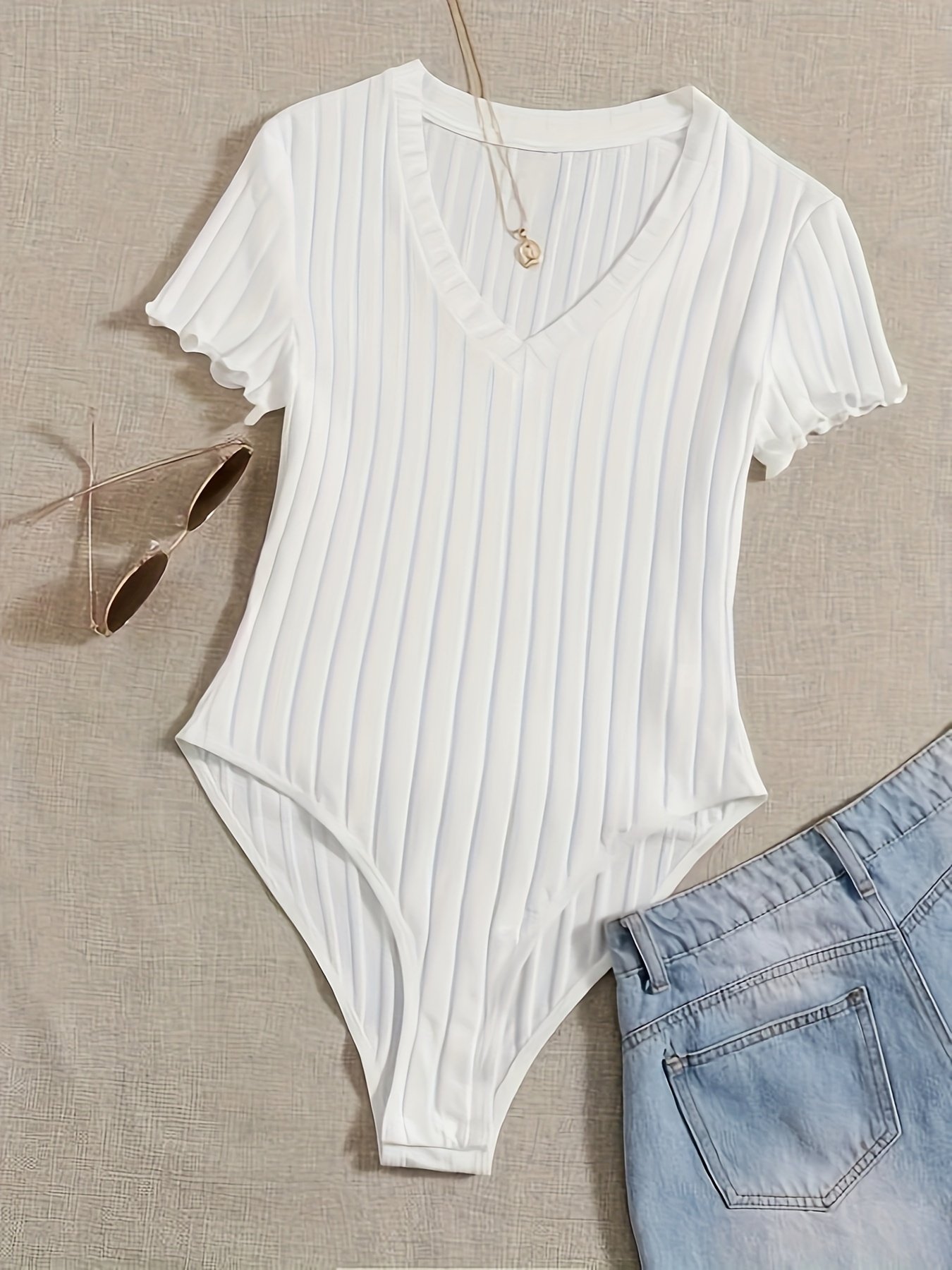 Solid V Neck Rib Knit Bodysuit, Casual Short Sleeve Basic Bodysuit, Women’s Clothing