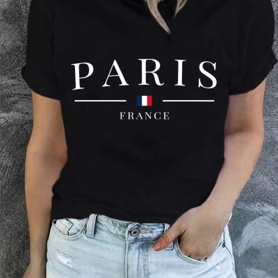 PARIS Print T-shirt, Short Sleeve Crew Neck Casual Top For Summer & Spring, Women??s Clothing