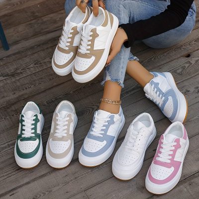 Women’s Colorblock Casual Sneakers, Lace Up Platform Soft Sole Skate Shoes, Versatile Low-top Sporty Trainers