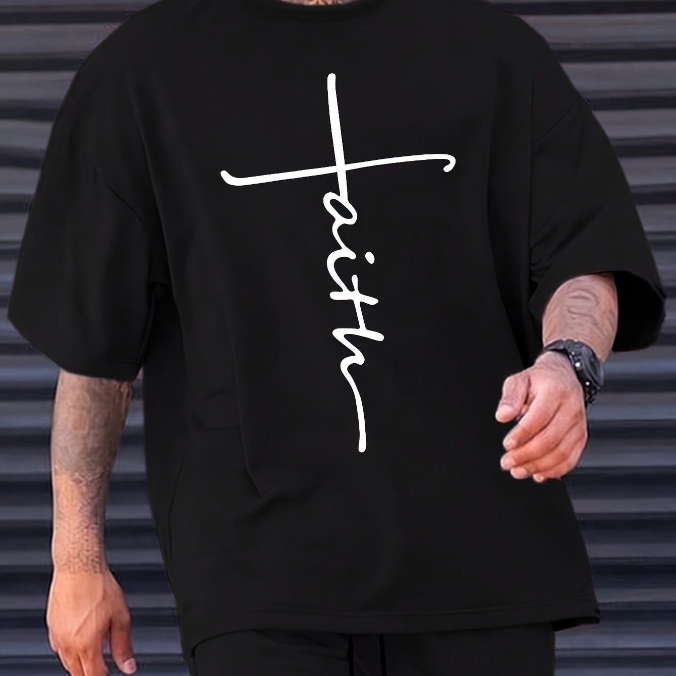 Faith Print Men??s Casual Loose Short Sleeve Crew Neck T-shirt, Summer Outdoor Street - Image 2