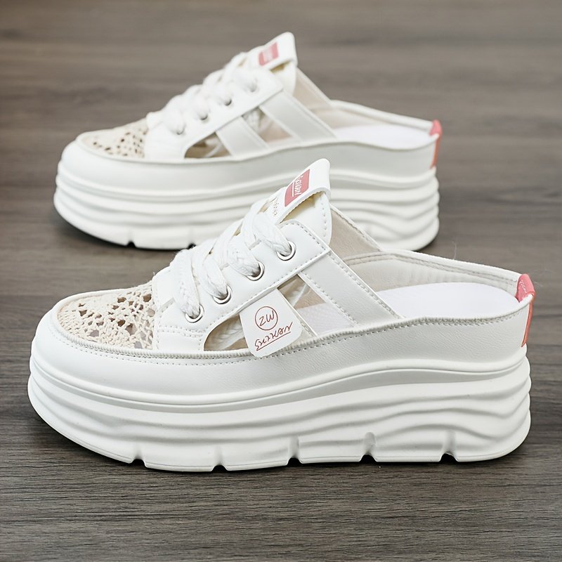 Women’s Breathable Platform Mule Sneakers, Casual Cutout Design Lace Up Shoes, Comfortable Summer Shoes - Image 5