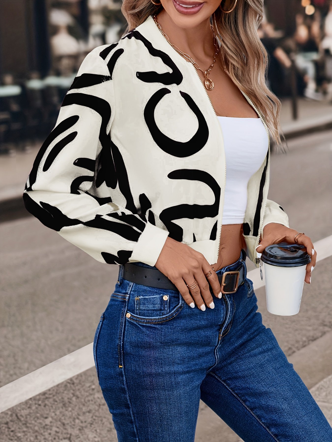 Abstract Print Bomber Jacket, Casual Zip Up Long Sleeve Outerwear, Women’s Clothing - Image 13