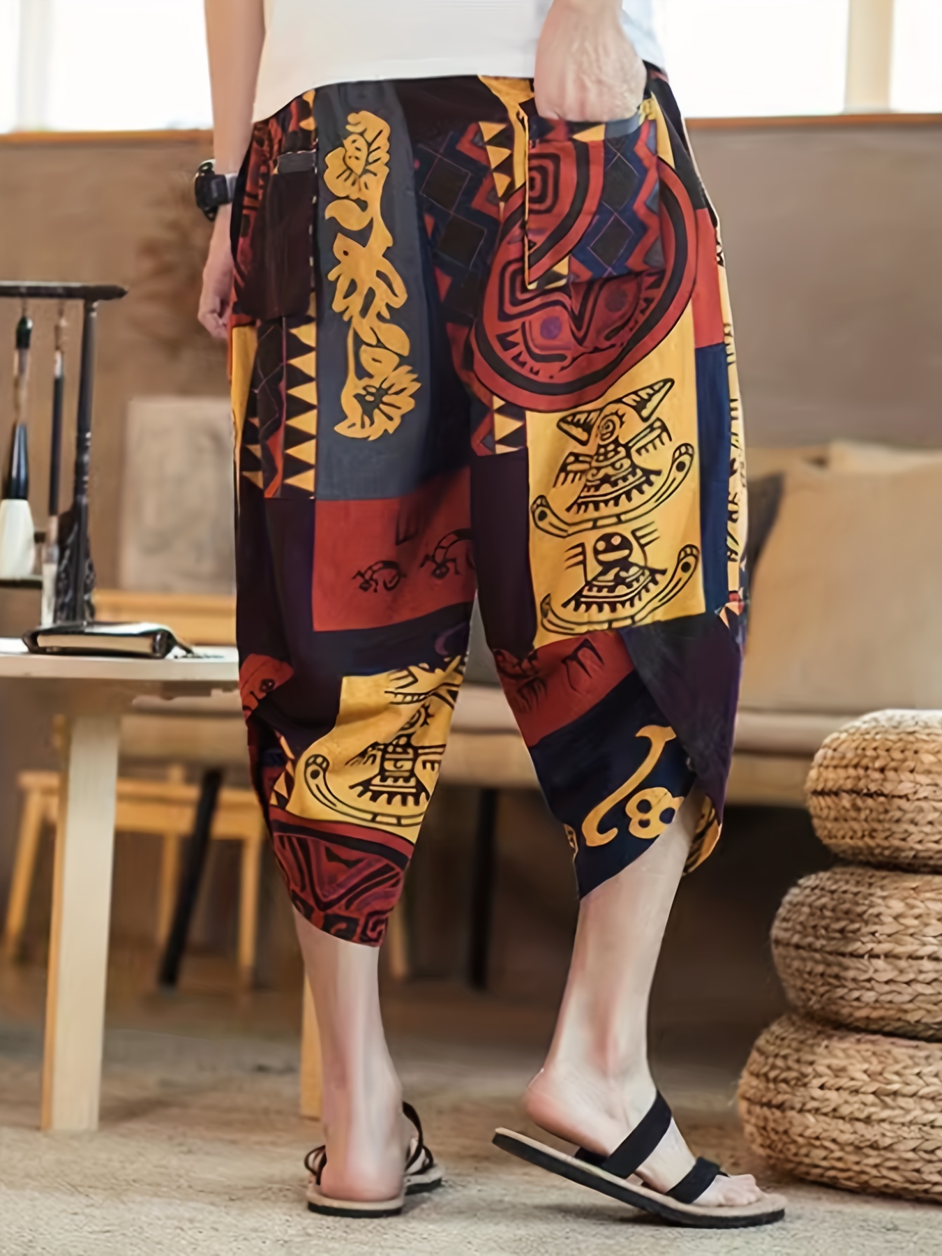 Ethnic Style Breathable Harem Pants, Men’s Casual Cotton Wide Leg Baggy Capri Pants For Spring Summer - Image 5