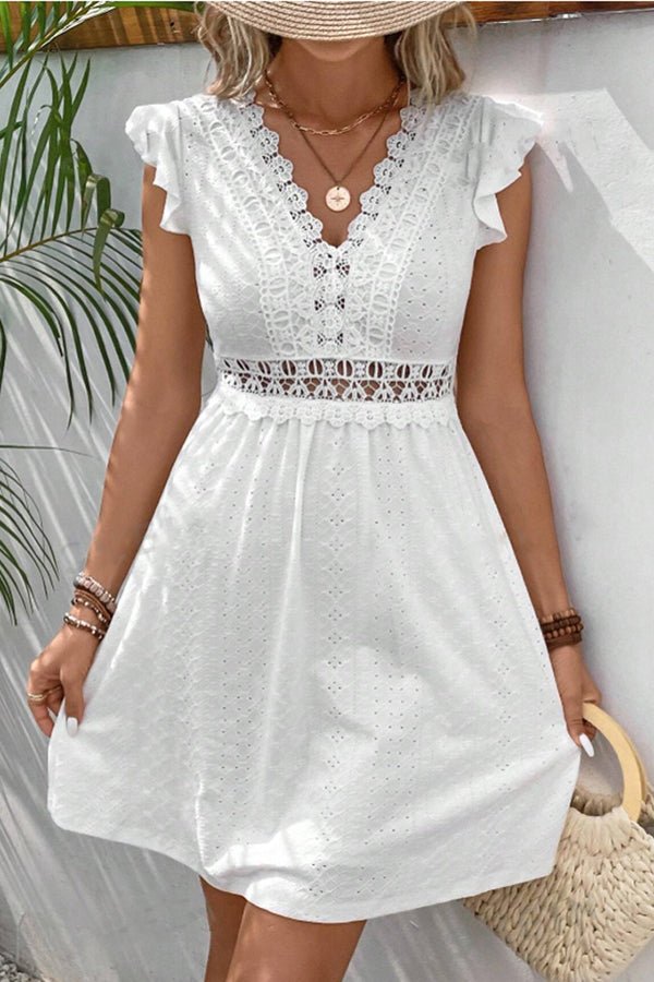 Solid Color Flutter Sleeve Hollow Waist Casual Dress