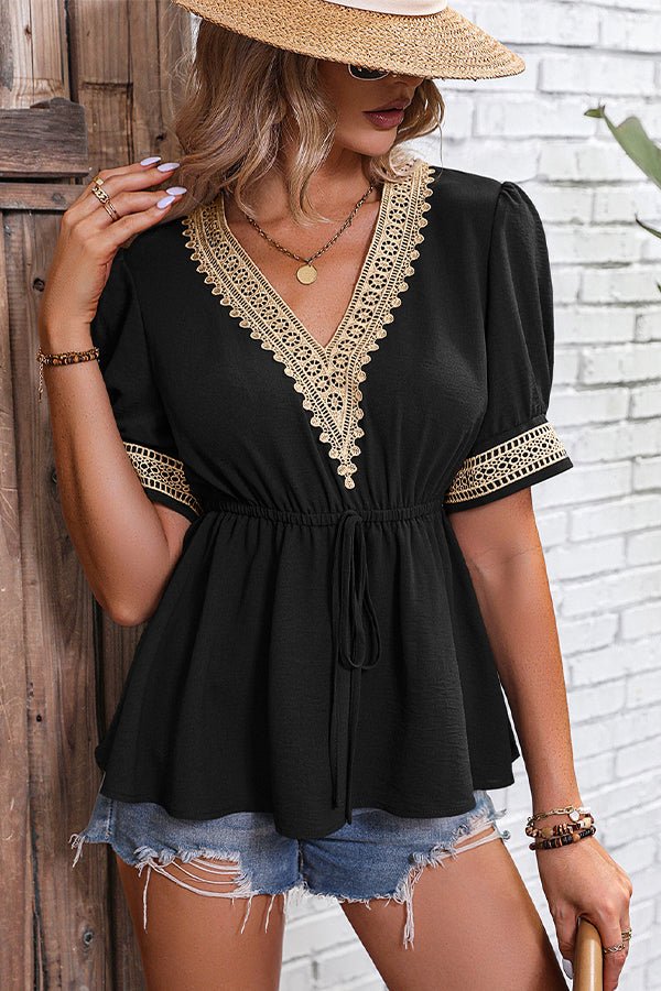 Solid Color Patchwork Tie Waist Causal Tops