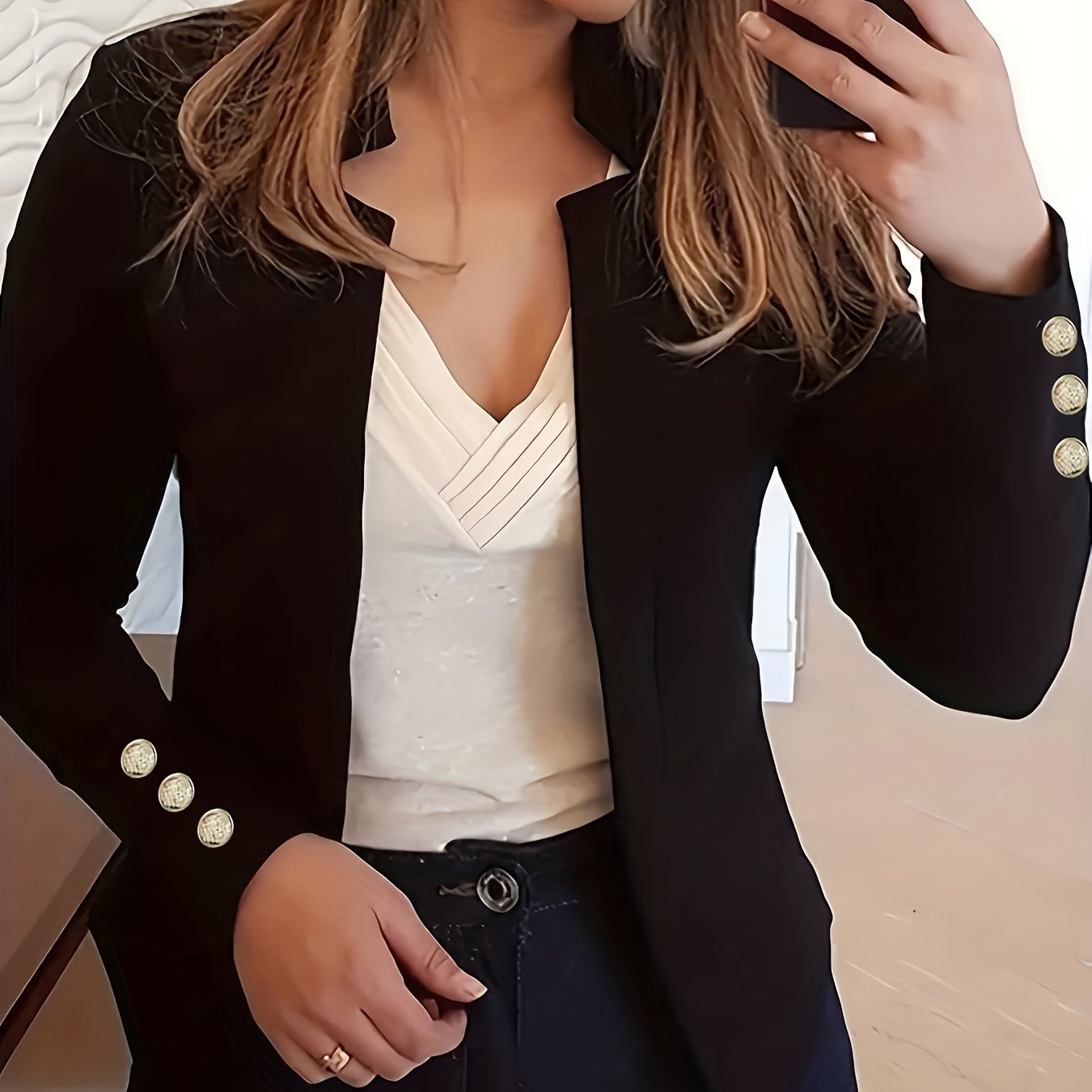 Solid Open Front Blazer, Casual Long Sleeve Button Blazer For Office & Work, Women’s Clothing - Image 7