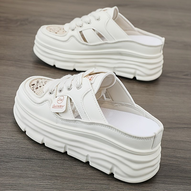 Women’s Breathable Platform Mule Sneakers, Casual Cutout Design Lace Up Shoes, Comfortable Summer Shoes - Image 4