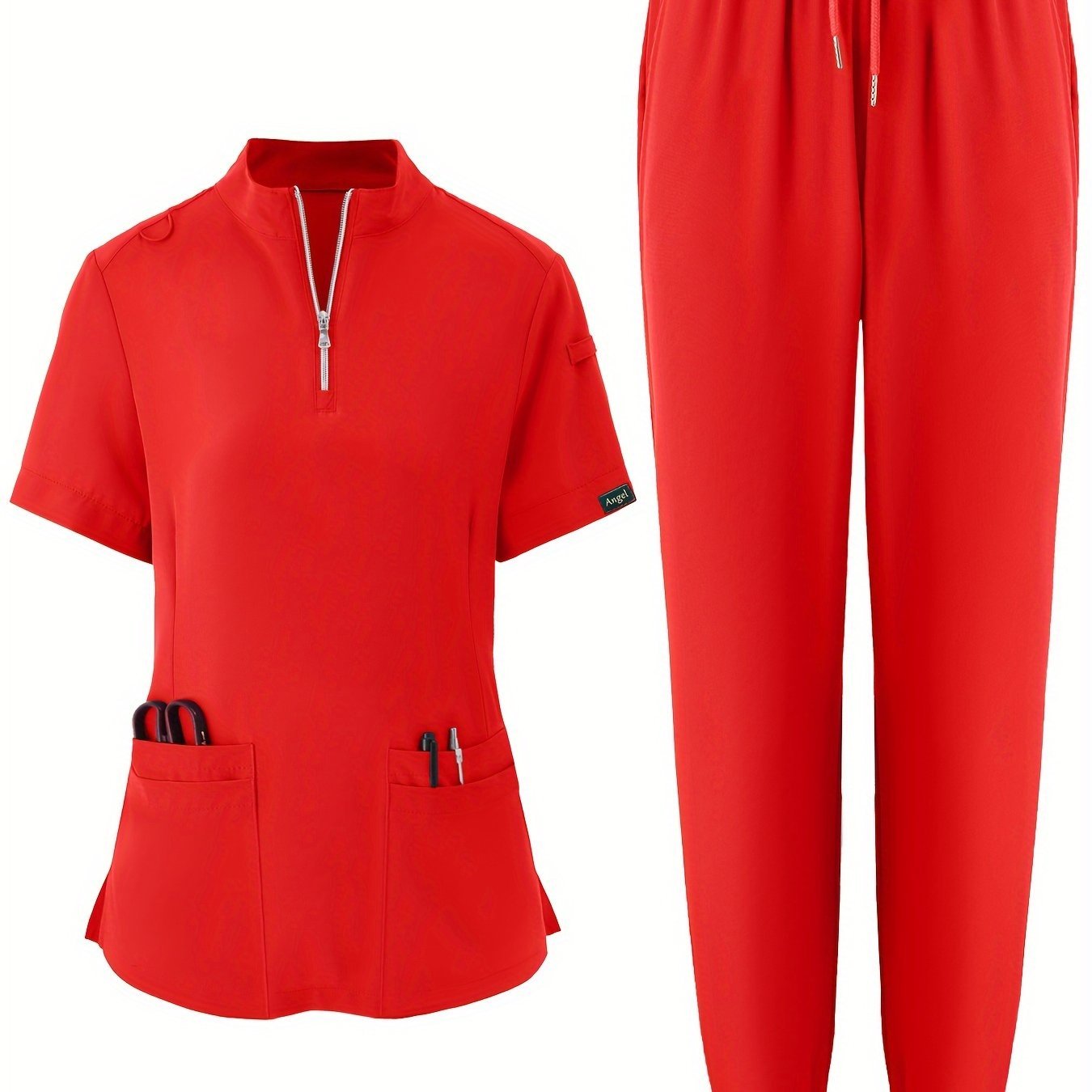 Solid Color Two-piece Scrub Set, Zip Front Short Sleeve Pockets Scrub Top & Drawstring Pants Outfits For Medical & Health Care, Women’s Clothing - Image 7