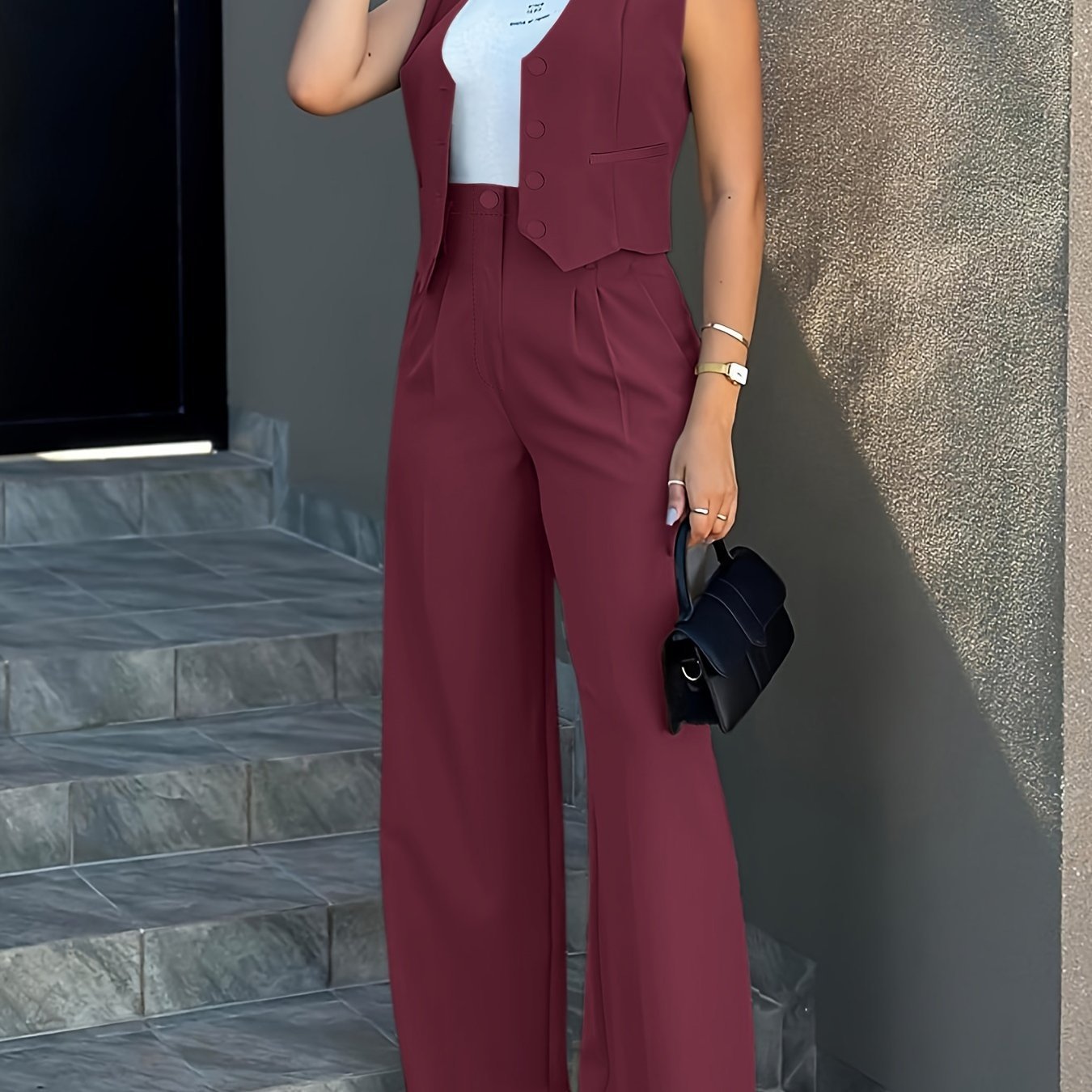 Solid Two-piece Set, Elegant Button Front Vest & Wide Leg Pants Outfits, Women’s Clothing - Image 4