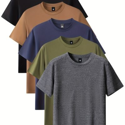 Men’s Fashion 5pcs Sports T-shirt, Casual Stretch Round Neck Tee Shirt For Summer