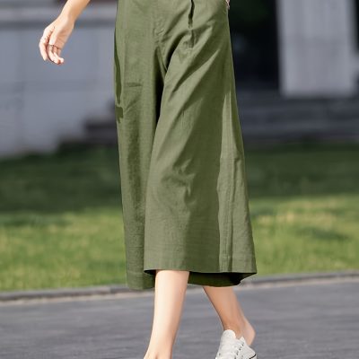 Solid Color Wide Leg Capris Pants, Casual Loose Pants For Spring & Summer, Women’s Clothing