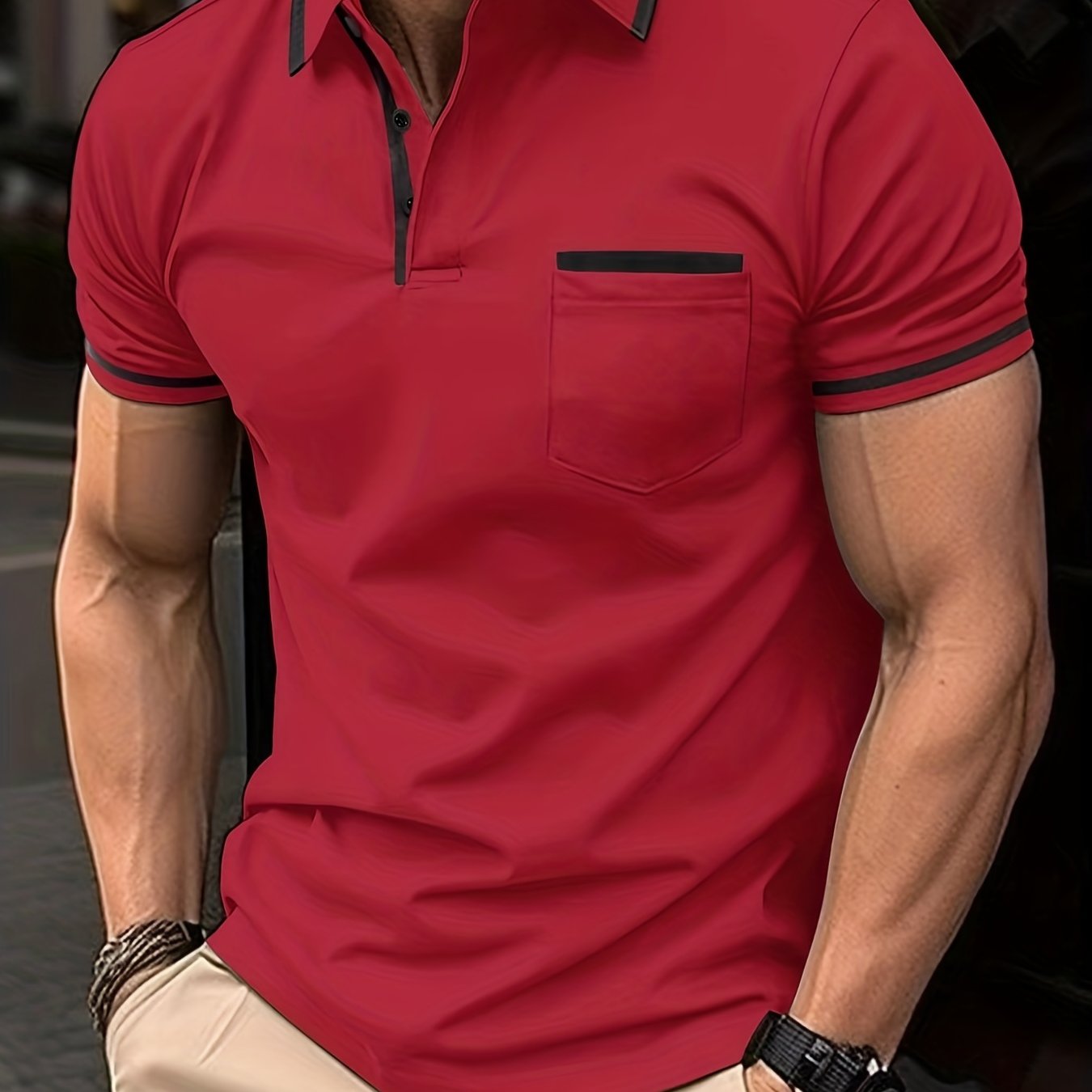Breathable Regular Fit Men’s Chic Contrast Binding Short Sleeve Golf Shirt With Chest Pocket For Summer, Men’s Clothing - Image 4