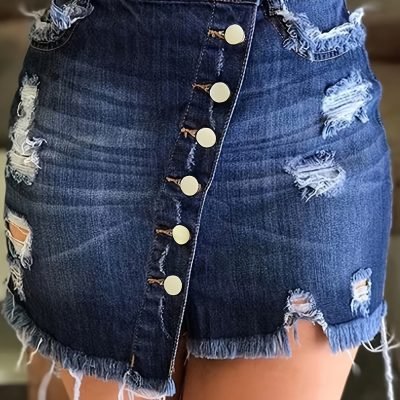 Ripped Asymmetric Single-breasted Raw Hem Denim Skirt, Medium Stretch Whiskering Distressed Denim Skirt, Women??s Denim Jeans & Clothing