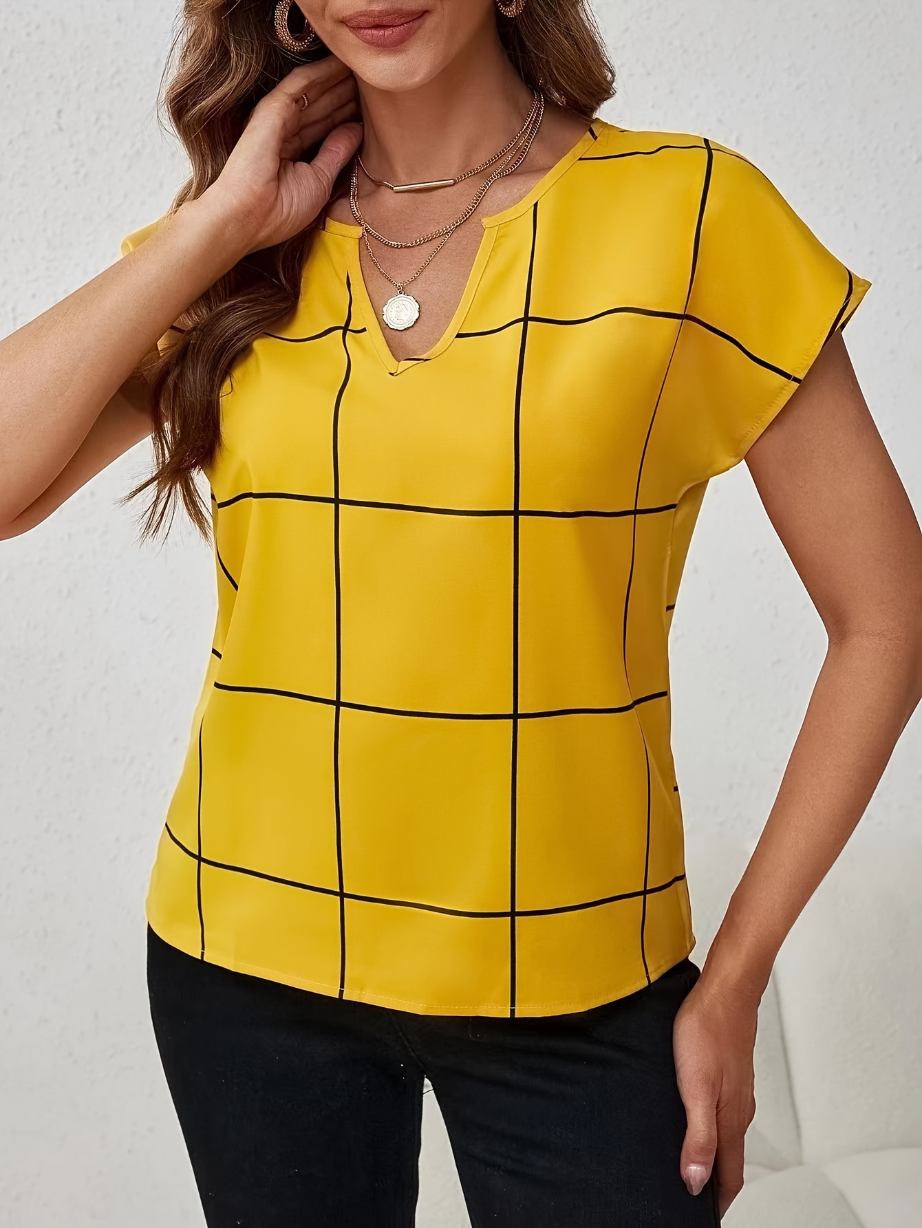 Plaid Print Notched Neck Blouse, Casual Short Sleeve Blouse For Spring & Summer, Women’s Clothing - Image 6