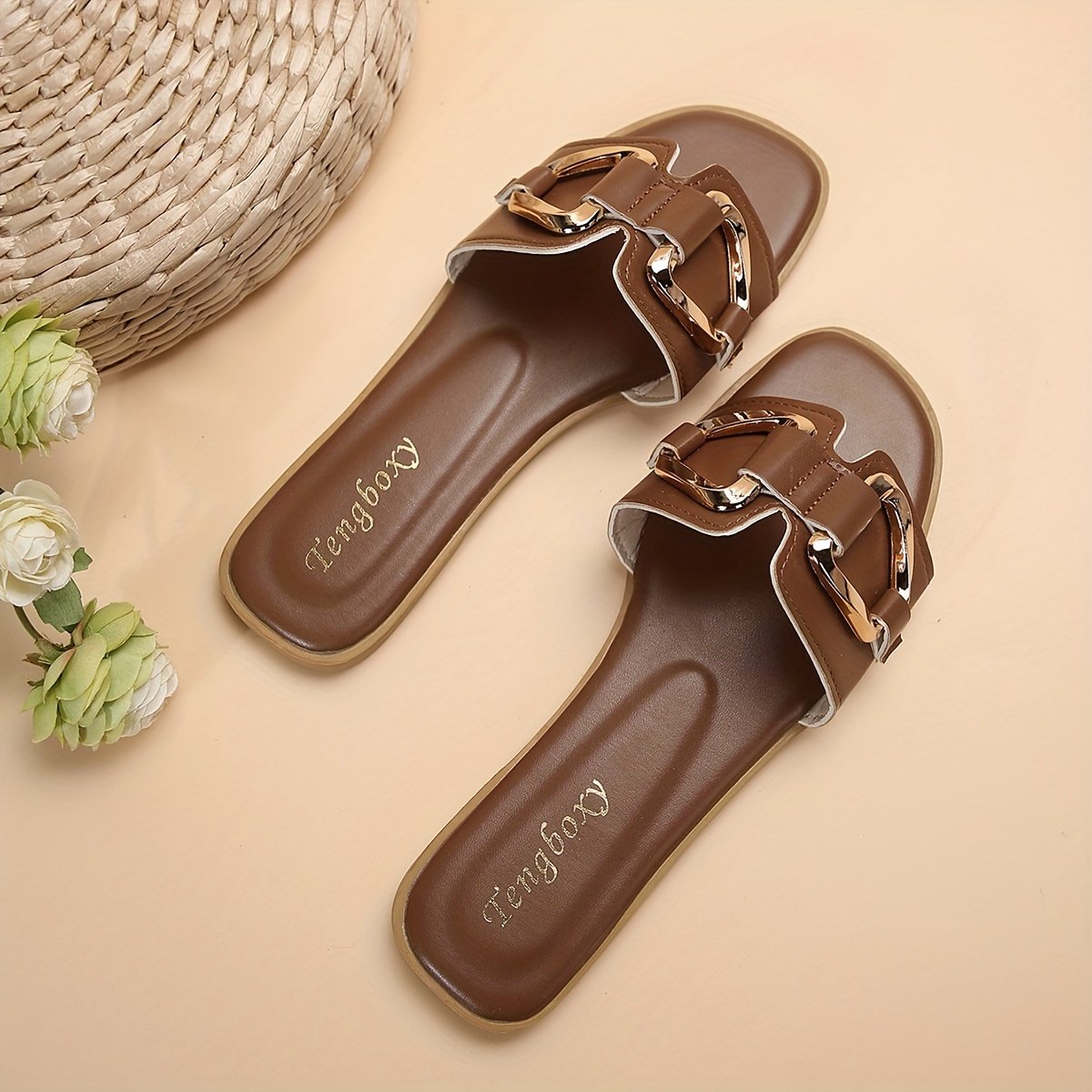 Women’s Metallic Buckle Decor Slides, Fashionable Square Open Toe Summer Shoes, Casual Beach Flat Slides - Image 3