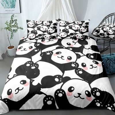 Black & White 3-Piece Cartoon Panda Pattern Duvet Cover Set