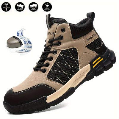 Men’s High Top Steel Toe Puncture Proof Anti-skid Work Safety Boots, Lace Up Durable Industrial Construction Shoes