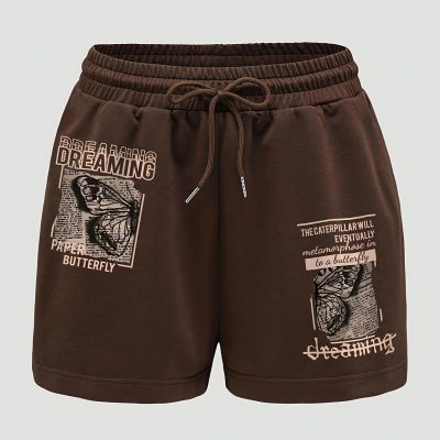 Letter Print Drawstring Shorts, Casual Elastic Waist Shorts For Spring & Summer, Women’s Clothing
