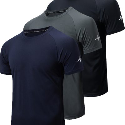 3pcs Men’s Athletic Short Sleeve Crew Neck Moisture-wicking Shirts, Undershirt With Sleeve Electrocardiography Print, Sports Comfy Tee