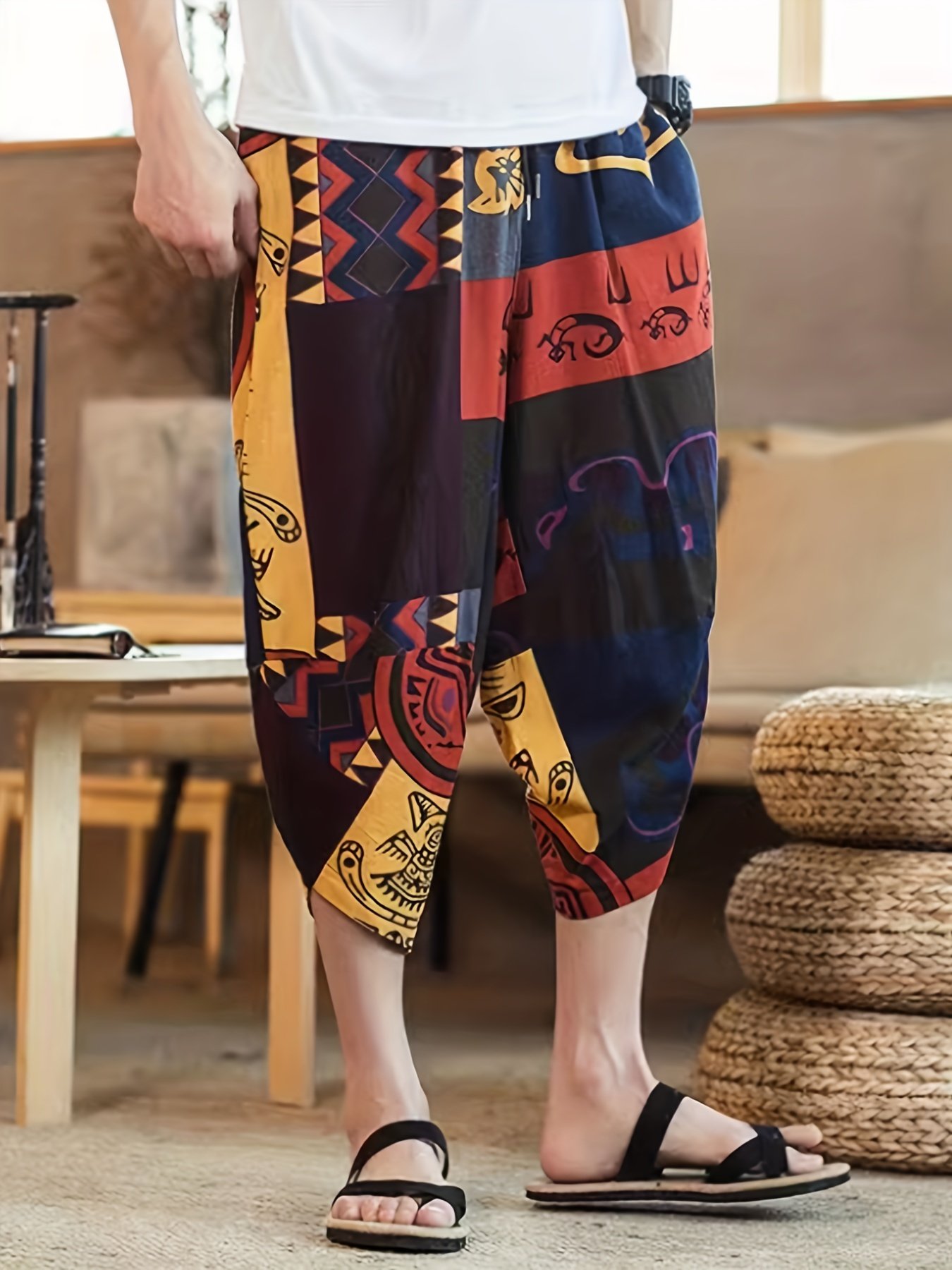 Ethnic Style Breathable Harem Pants, Men’s Casual Cotton Wide Leg Baggy Capri Pants For Spring Summer - Image 7