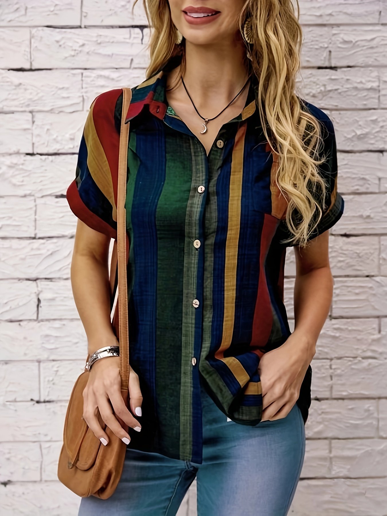 Striped Print Button Front Blouse, Vintage Short Sleeve Blouse For Spring & Summer, Women??s Clothing