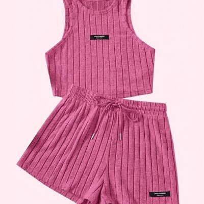Ribbed Casual Two-piece Set, Crew Neck Sleeveless Tank Top & Drawstring Shorts Outfits, Women??s Clothing