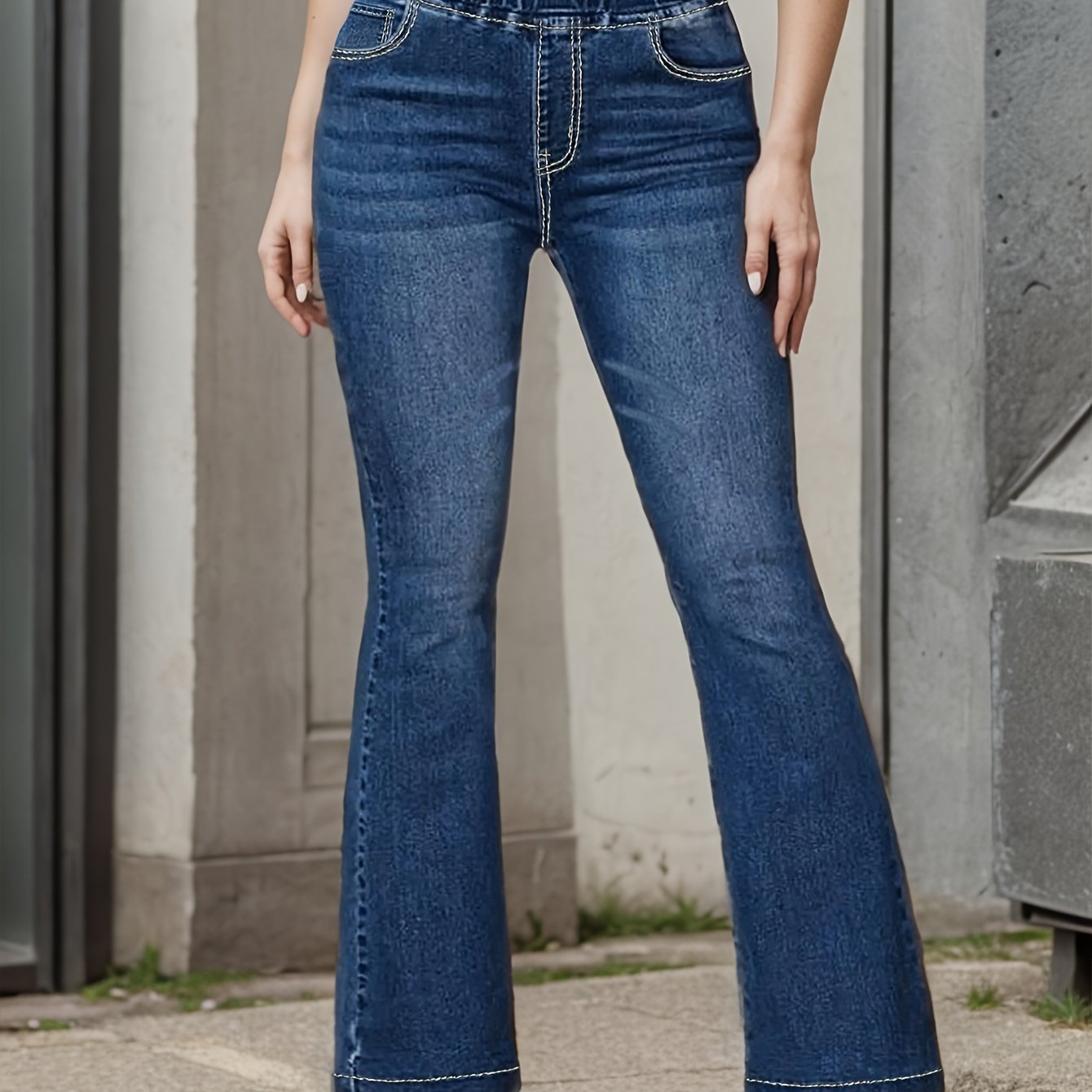 Elastic Waist Bell Bottom Jeans, Slash Pocket Fashion Casual Denim Pants, Women’s Denim Jeans & Clothing - Image 2