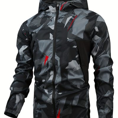 Geometric Pattern Design Men’s Color Blocked Zip Up Hooded Indbreaker, Suitable For Outdoor Hiking, Camping And Travel In All Seasons