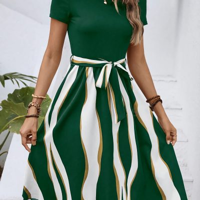 Striped Crew Neck Dress, Elegant Short Sleeve Belted A-line Dress For Spring & Summer, Women’s Clothing
