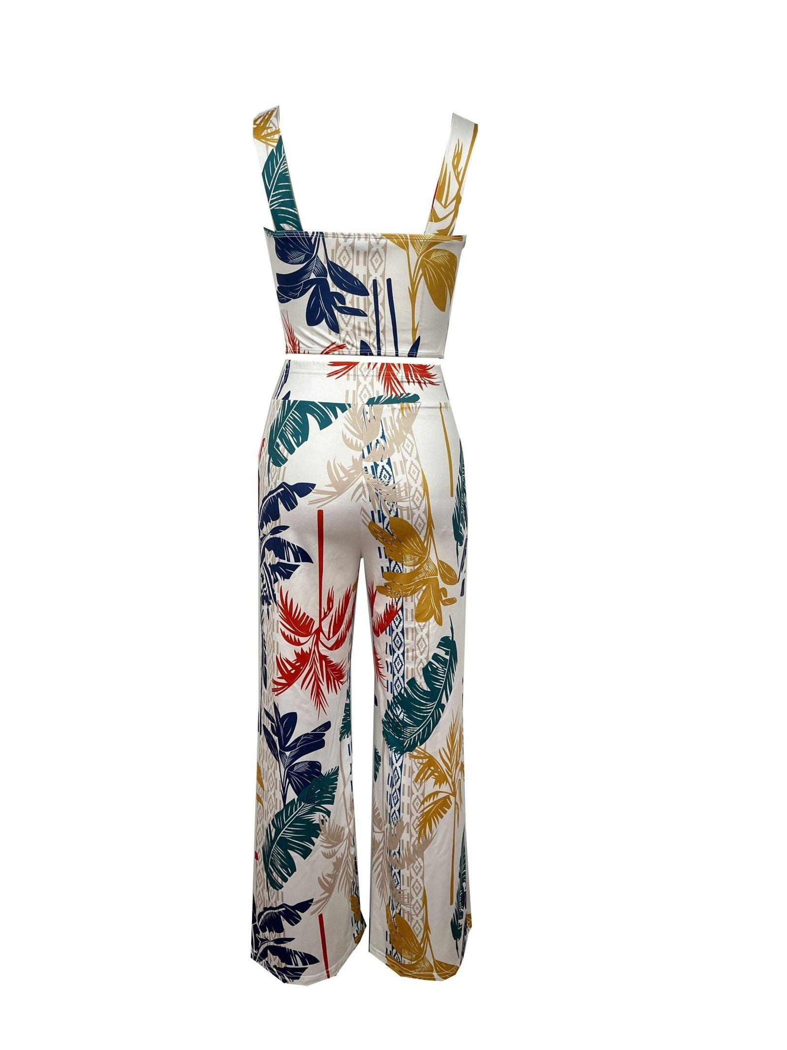 Plant Print Vacation Two-piece Set, V Neck Sleeveless Top & High Waist Wide Leg Pants Outfits, Women’s Clothing - Image 3
