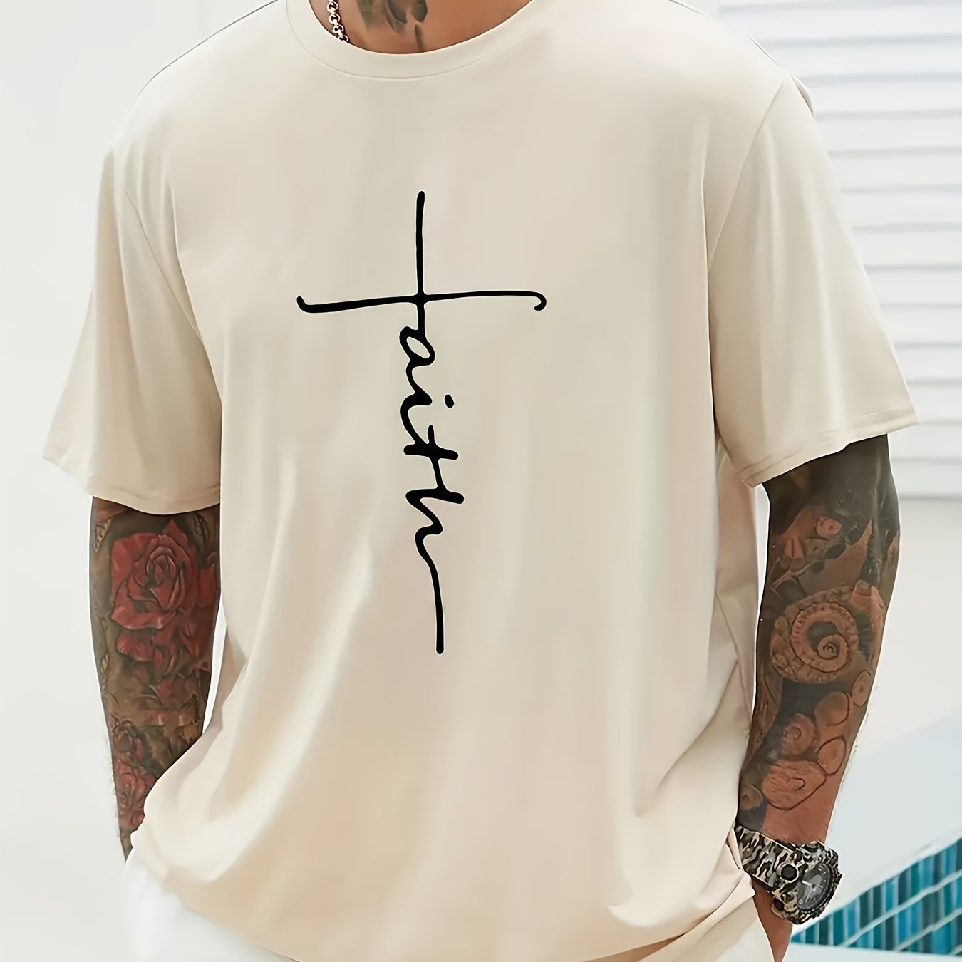 Faith Print Men??s Casual Loose Short Sleeve Crew Neck T-shirt, Summer Outdoor Street - Image 4