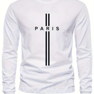 PARIS Print, Men’s Graphic Design Crew Neck Long Sleeve Active T-shirt Tee, Casual Comfy Shirts For Spring Summer Autumn, Men’s Clothing Tops