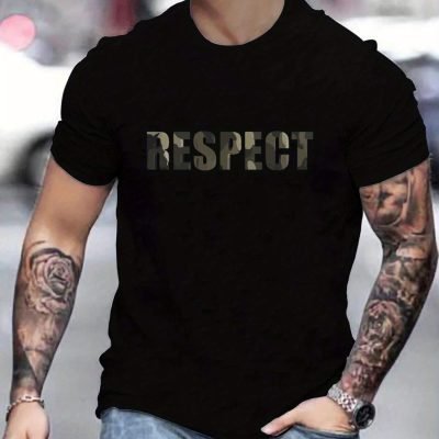 Letter RESPECT Pattern Print Men’s T-shirt, Graphic Tee Men’s Summer Clothes, Men’s Outfits