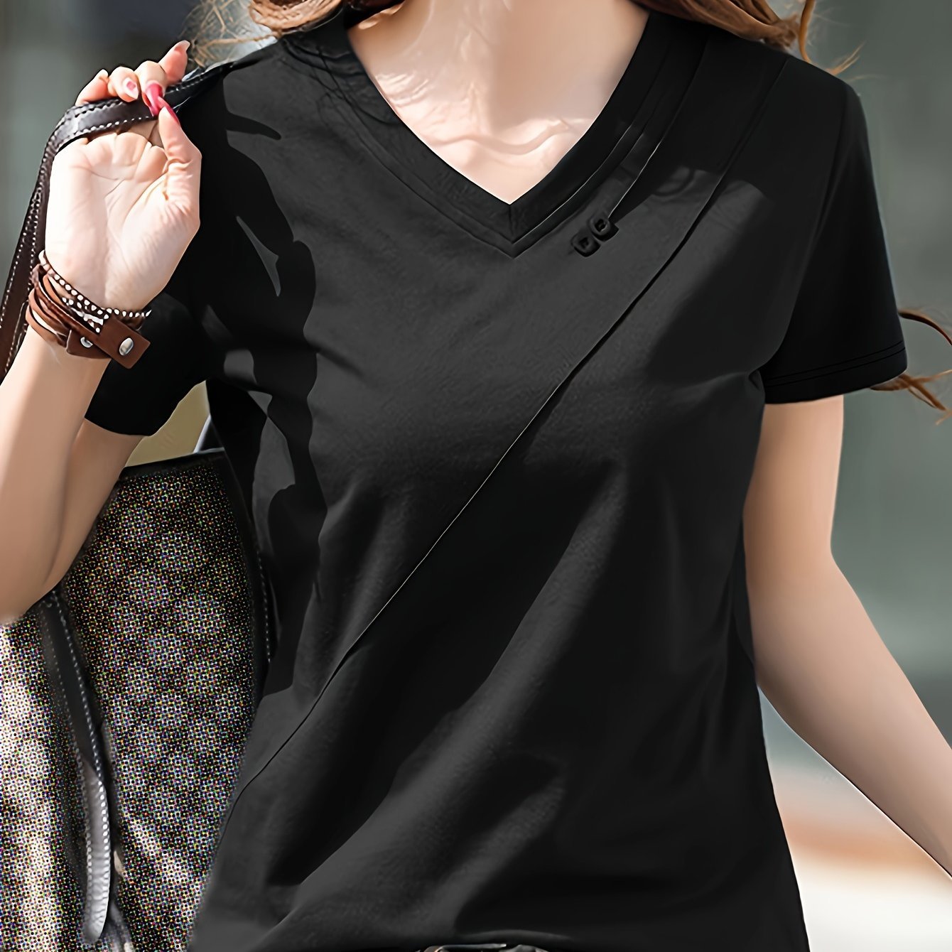Solid Color V Neck T-Shirt, Casual Short Sleeve T-Shirt For Spring & Summer, Women??s Clothing - Image 7
