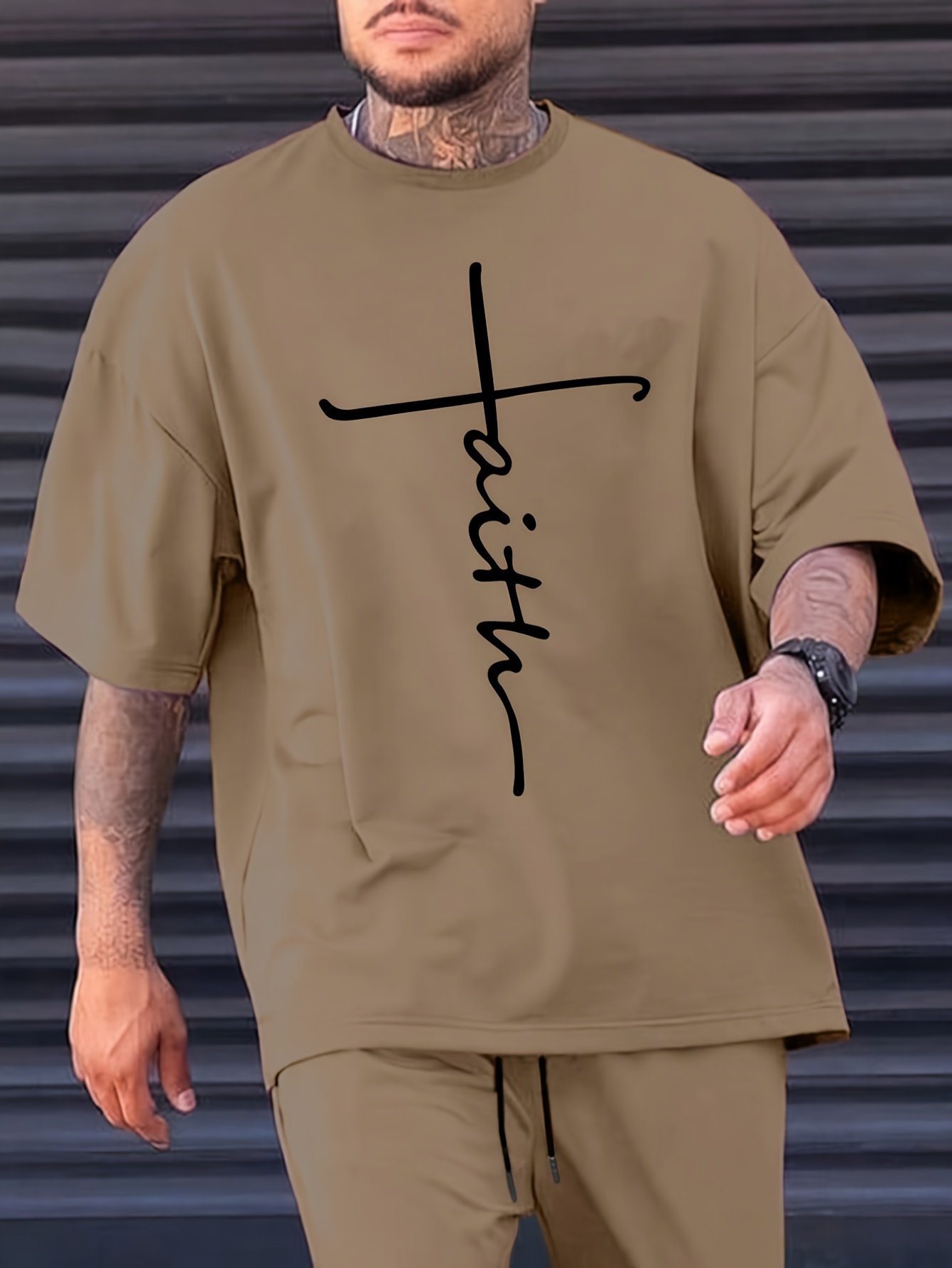 Faith Print Men??s Casual Loose Short Sleeve Crew Neck T-shirt, Summer Outdoor Street